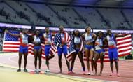Team United States celebrates after winning the Men's 4x100m and Women's 4x100m Relay Final during day the 2023 World Athletics Championships in Budapest, Hungary
